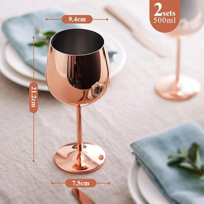 🍷 Juego de 2 Copas de Vino de Acero Inoxidable, 500ml (Oro Rosa) – Perfectas para Viajes, Camping, Actividades al Aire Libre y Picnics