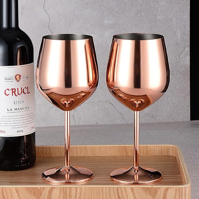 🍷 Juego de 2 Copas de Vino de Acero Inoxidable, 500ml (Oro Rosa) – Perfectas para Viajes, Camping, Actividades al Aire Libre y Picnics